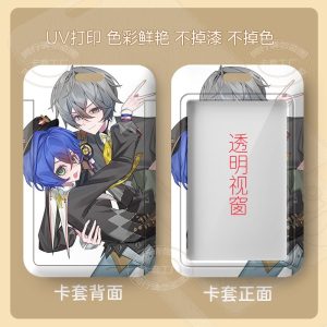 Hard plastic ID card sleeve featuring Zenless Zone Zero main characters Wise and Belle with a clear front window for scanning passes.